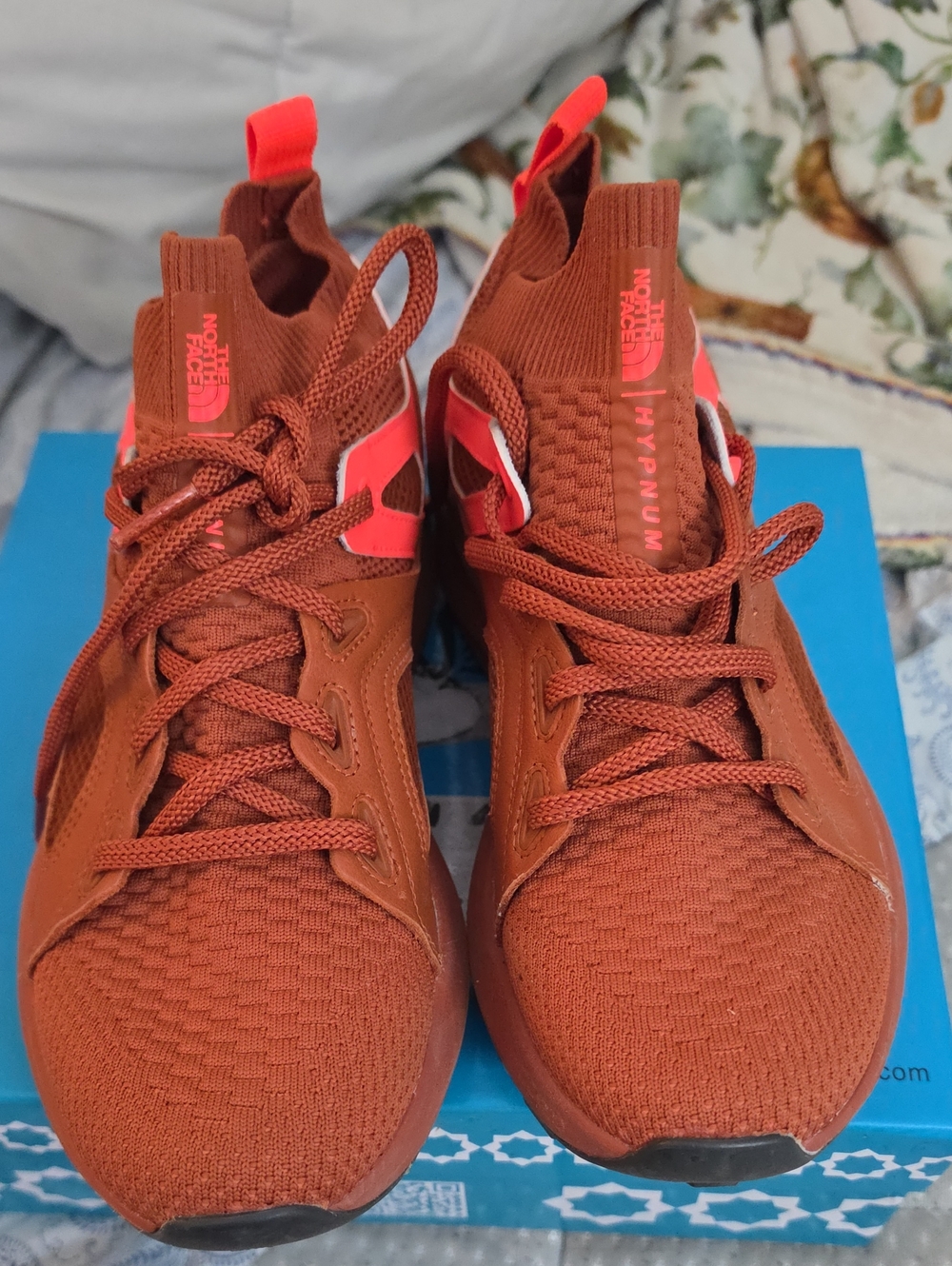 The North Face Hypnum Rust Orange Knit Sneakers with Coral Accents